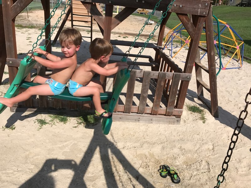 Two toddlers wearing shorts and riding a swing